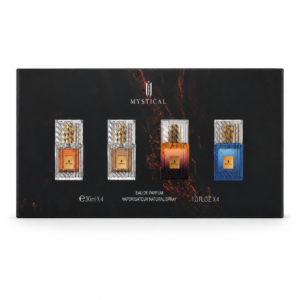 Mystical eau de parfum gift set with four 30ml crystal style bottles in a black box