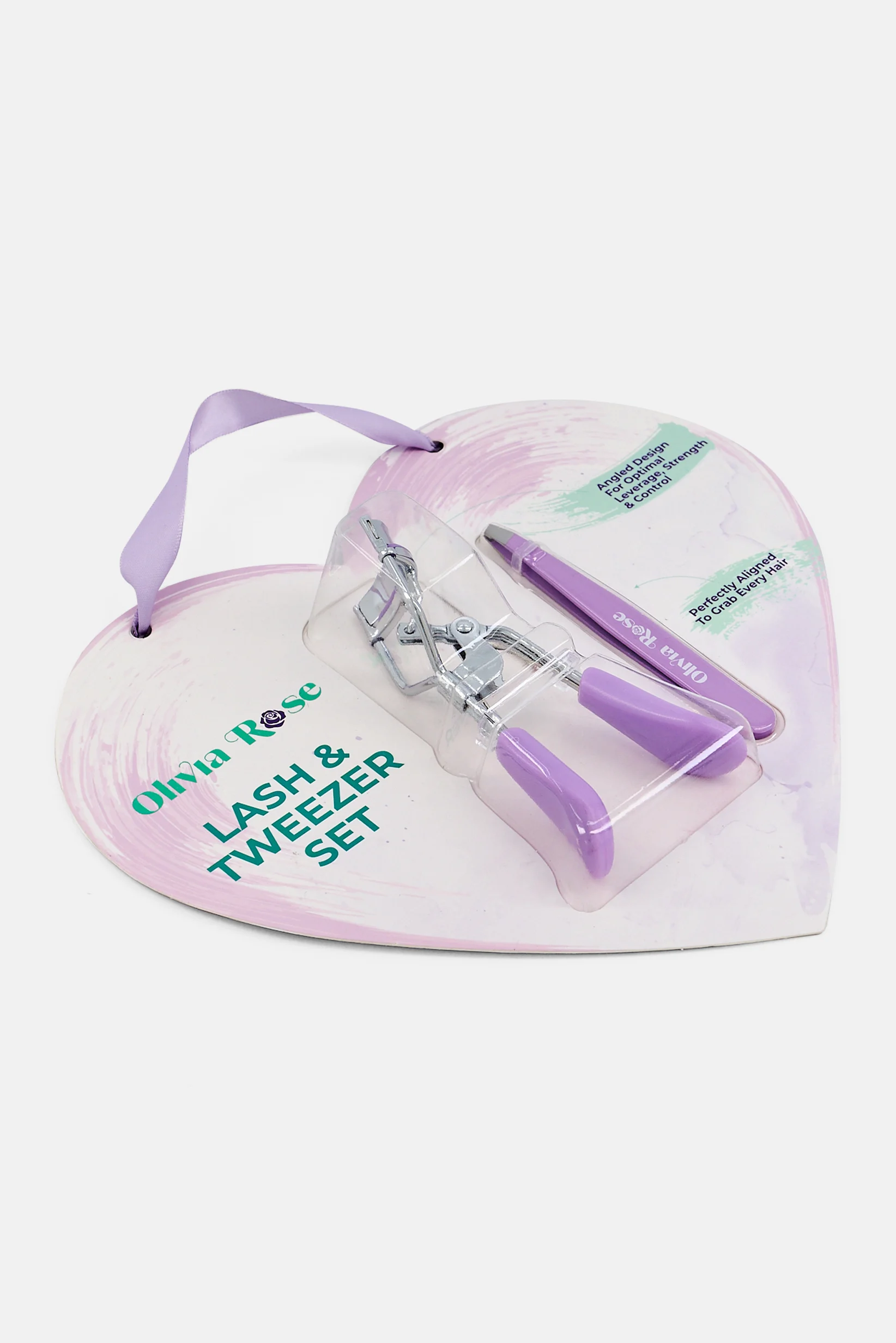Olivia Rose lash curler and angled tweezer on lilac heart card, angled view