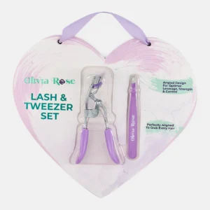 Olivia Rose Lash & Tweezer Set heart-shaped gift card with eyelash curler and lilac tweezers