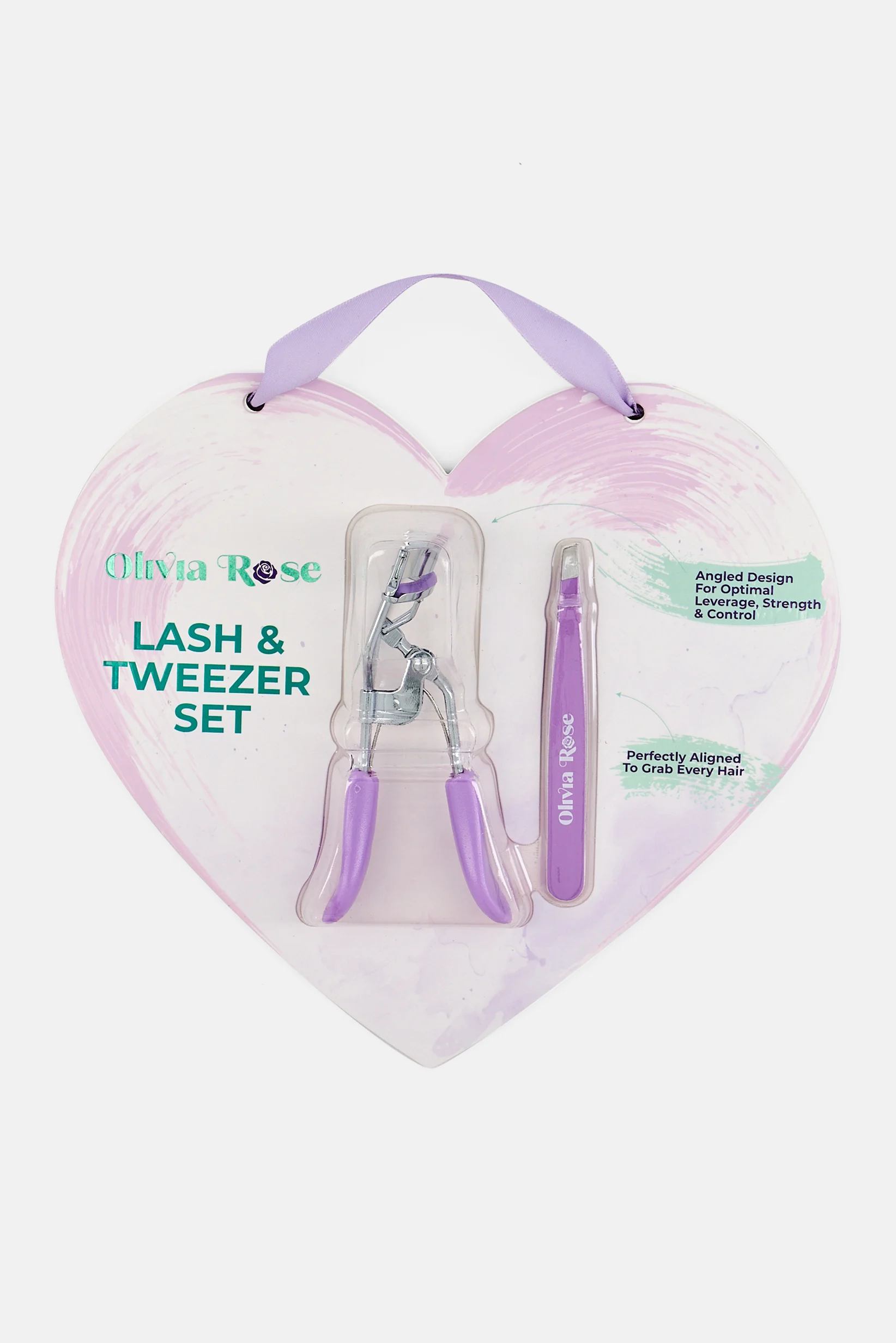 Olivia Rose Lash & Tweezer Set heart-shaped gift card with eyelash curler and lilac tweezers