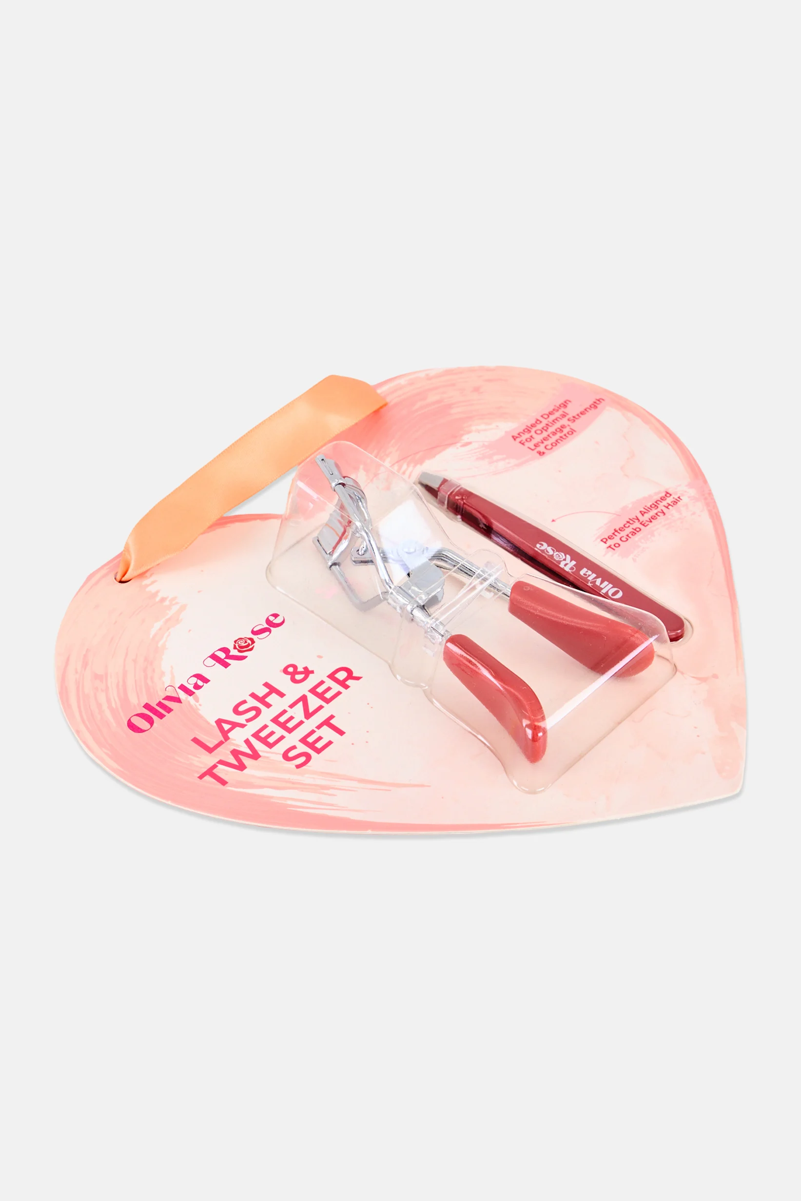 Olivia Rose lash curler and angled tweezer on pink heart card, red handles, angled view