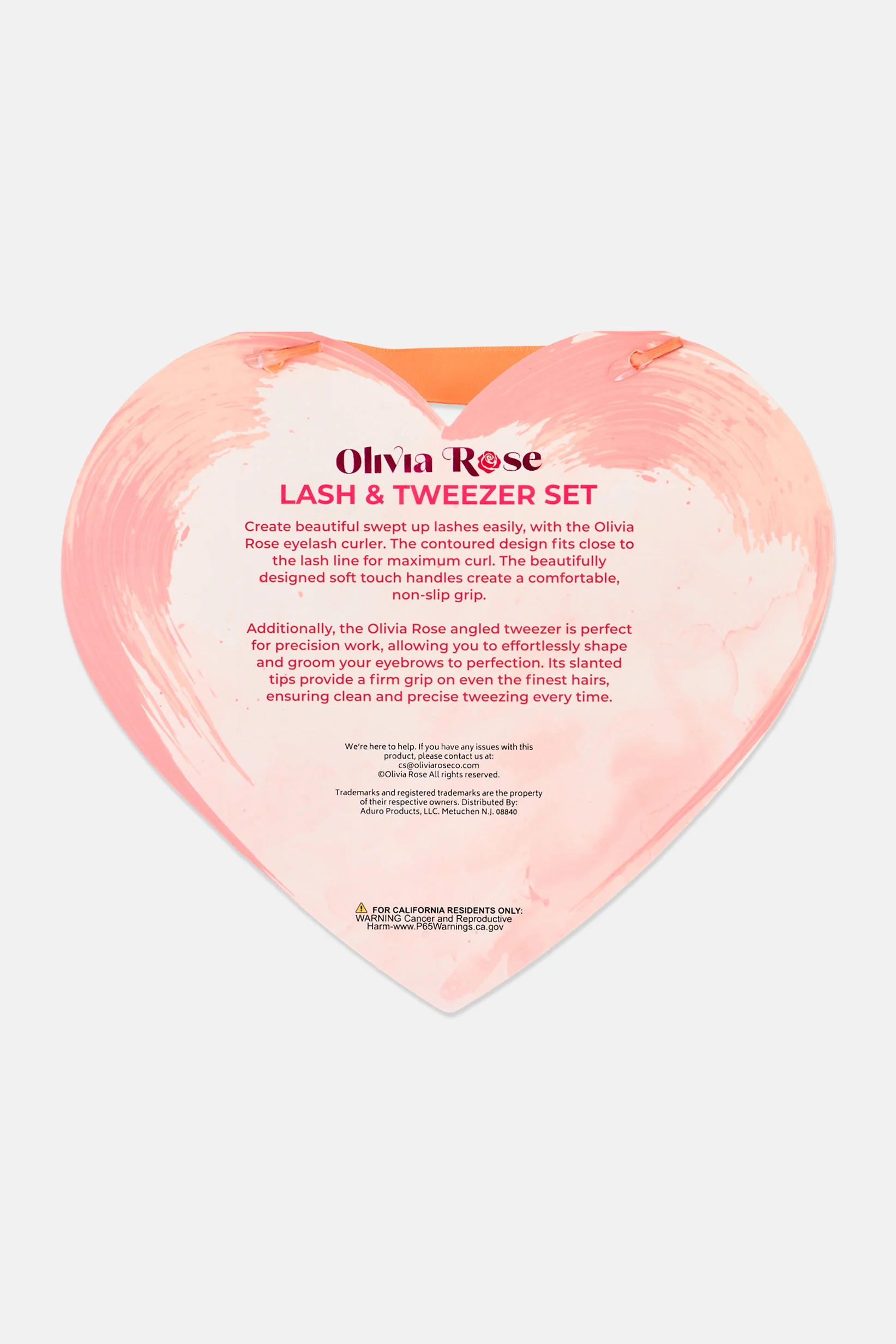 Back of the Olivia Rose Lash & Tweezer Set heart card showing product description