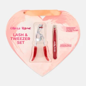 Olivia Rose Lash & Tweezer Set heart-shaped gift card with eyelash curler and red tweezers