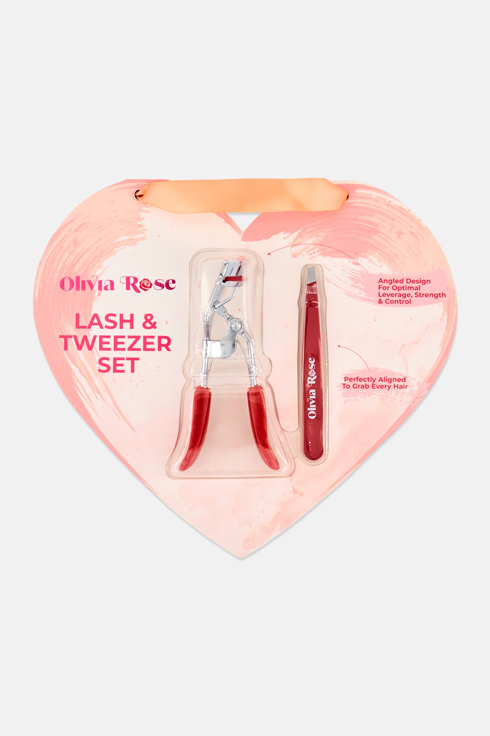 Olivia Rose Lash & Tweezer Set heart-shaped gift card with eyelash curler and red tweezers