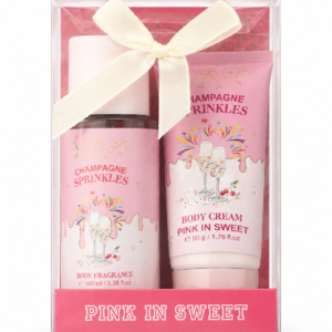 Pink in Sweet Champagne Sprinkles gift set with body fragrance and body cream