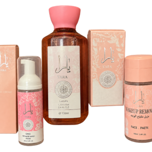 Yara by Lattafa gift set – Eau de Parfum 30ml, shower gel 350g, hand cream 70ml, makeup remover 120ml and mousse facial cleanser 60ml
