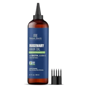 Botanic Hearth rosemary hair oil 198ml bottle with biotin jojoba and castor oils and comb applicator