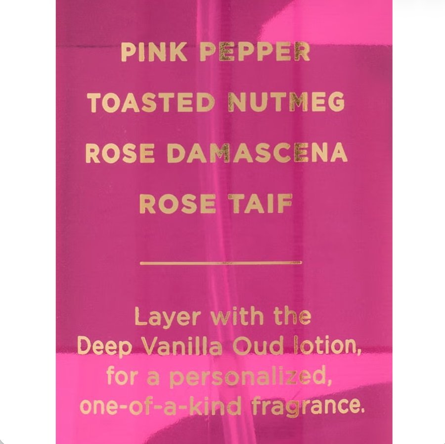 Victoria's Secret Damask Rose Oud Fragrance Mist notes: pink pepper, toasted nutmeg, rose damascena and rose taif
