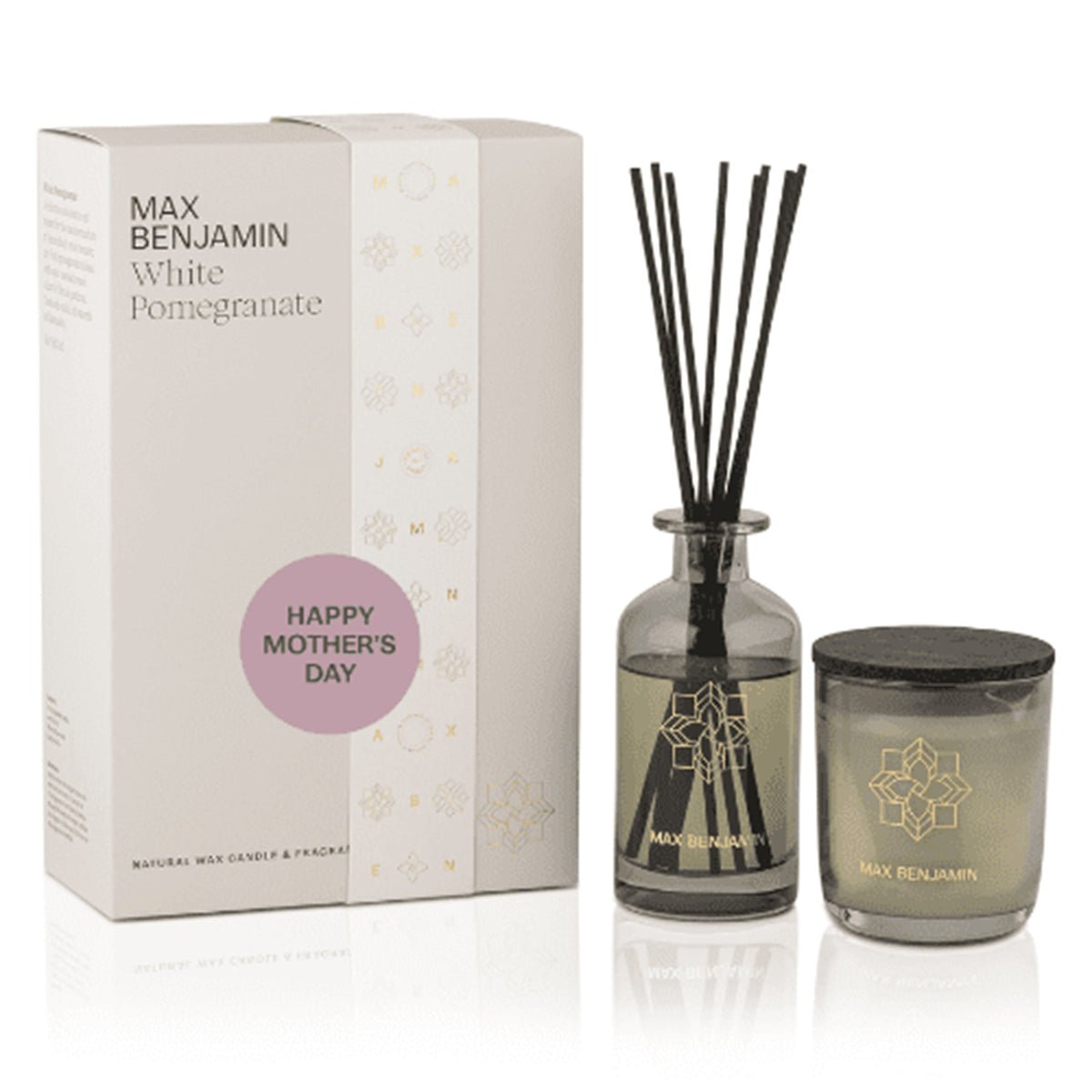 Max Benjamin White Pomegranate Candle and Diffuser Gift Set bottle – original pomegranate, rosebud and gardenia candle and diffuser gift set in Egypt