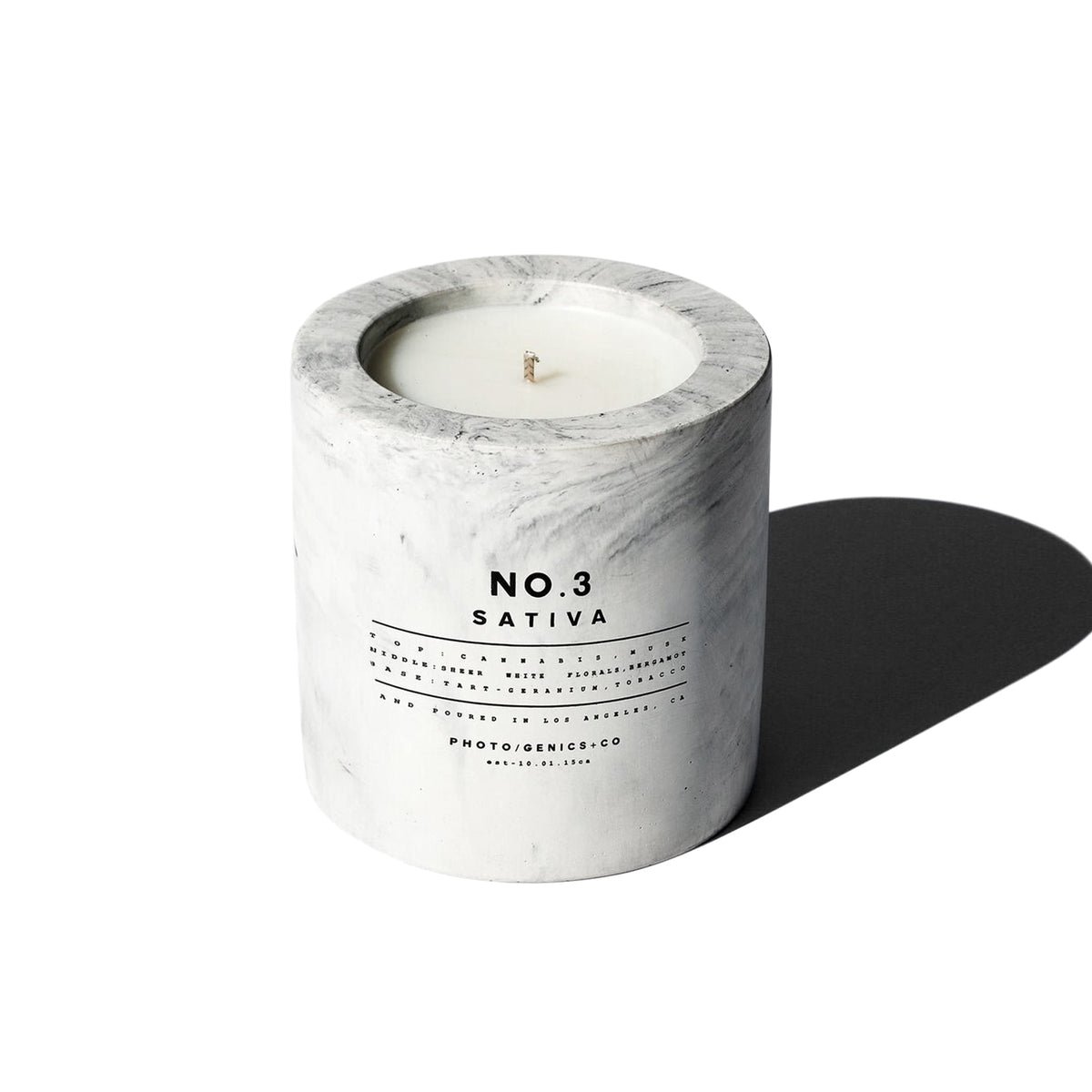 Photo/Genics + Co No.3 Sativa Concrete Candle 255g bottle – original white florals, geranium and tobacco in Egypt