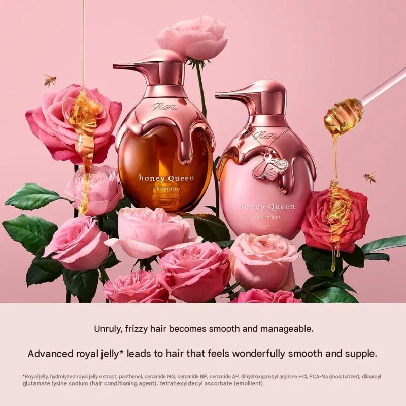 ReFa Honey Queen Rose Shampoo and Treatment surrounded by pink roses