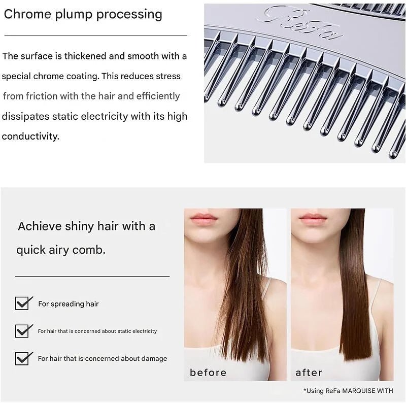 ReFa MARQUISE Twin Comb – Dual Teeth Chrome Hair Comb with Pouch
