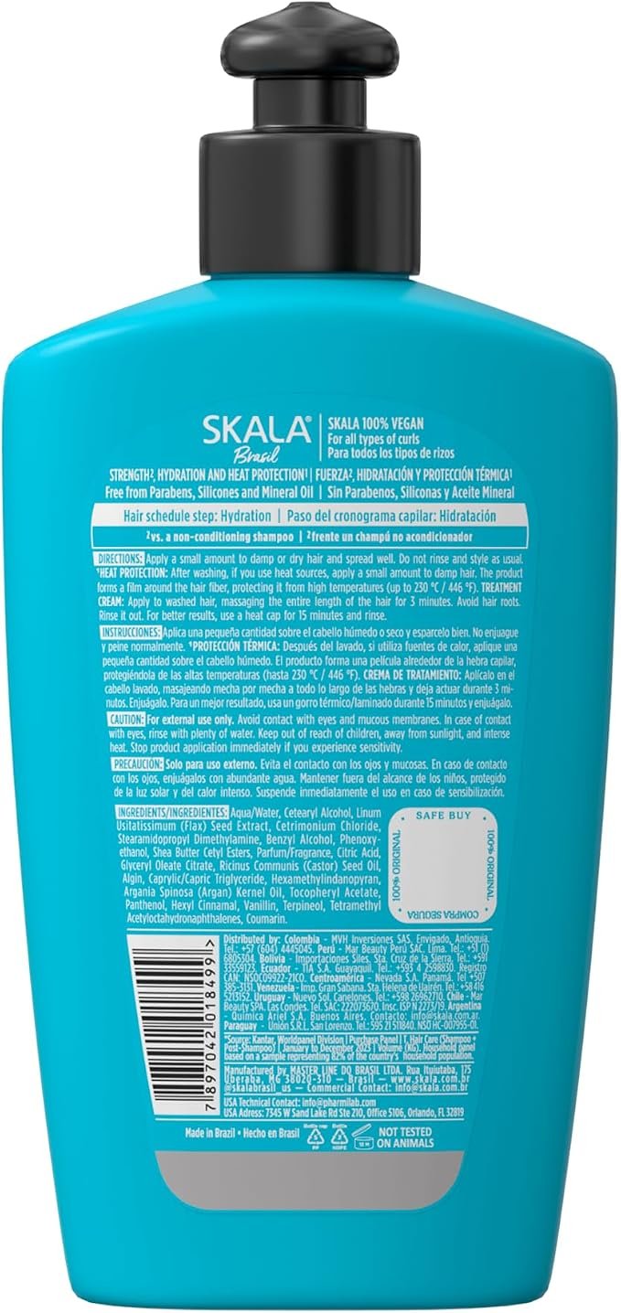 Skala #MaisCachos 3-in-1 250g label with directions and heat protection details