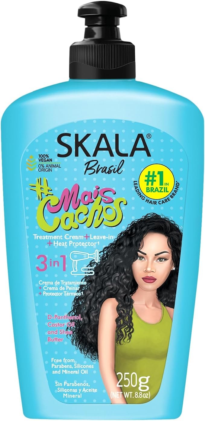 Skala Brasil #MaisCachos 3-in-1 treatment cream, leave-in and heat protector 250g blue pump bottle