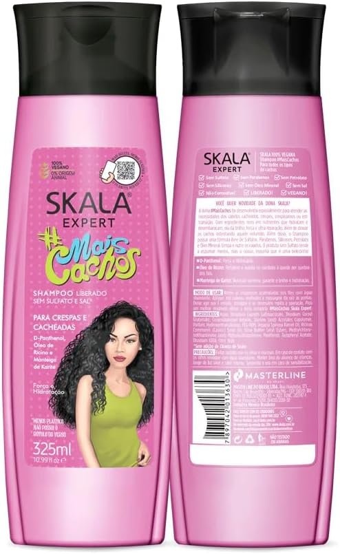 Skala #MaisCachos shampoo 325ml front and back of the bottle