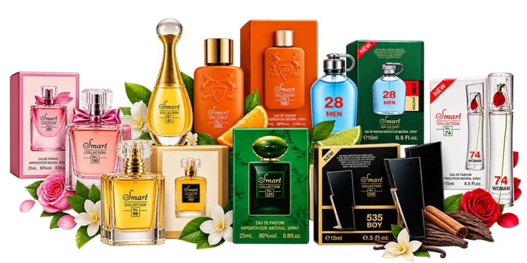 Smart Collection 15ml perfumes in Egypt — No. 28 Men, No. 535 Boy, No. 74 Woman eau de parfum bottles