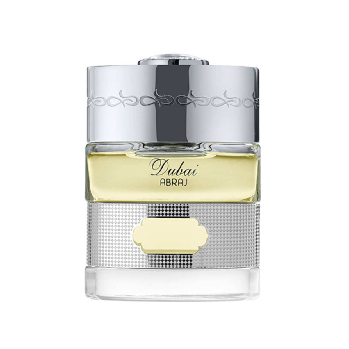 The Spirit of Dubai Abraj Eau de Parfum 50ml bottle with silver cap and silver skyline-grid band – aromatic woody chypre perfume