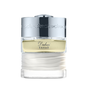 The Spirit of Dubai Bahar Eau de Parfum 50ml bottle with silver cap and white wave-textured band – fresh aquatic woody perfume