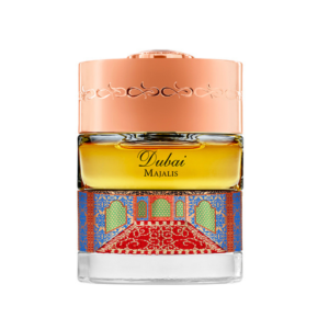 The Spirit of Dubai Majalis Eau de Parfum 50ml bottle with rose-gold cap and Arabian carpet-pattern band – Arabic coffee, dates and Taif rose perfume