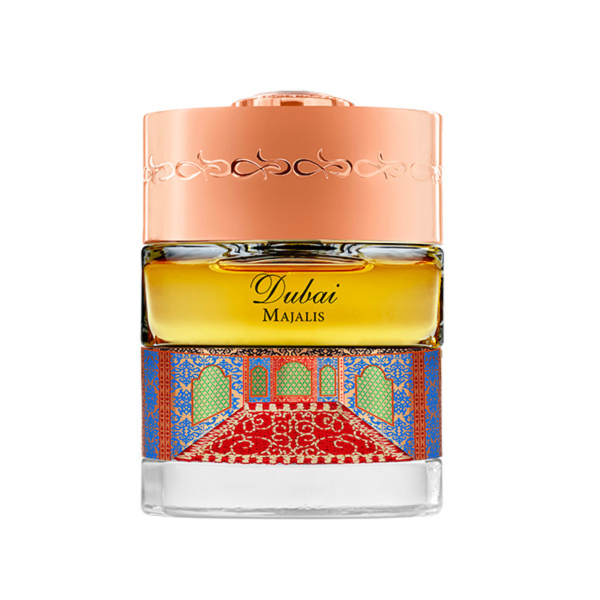 The Spirit of Dubai Majalis Eau de Parfum 50ml bottle with rose-gold cap and Arabian carpet-pattern band – Arabic coffee, dates and Taif rose perfume