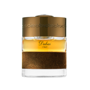 The Spirit of Dubai Oud Eau de Parfum 50ml bottle with bronze cap and brown textured band – pure Indian agarwood oud perfume
