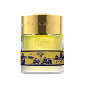 The Spirit of Dubai Turath Eau de Parfum 50ml bottle with gold cap and blue-and-gold heritage scene band – spicy oriental leather perfume