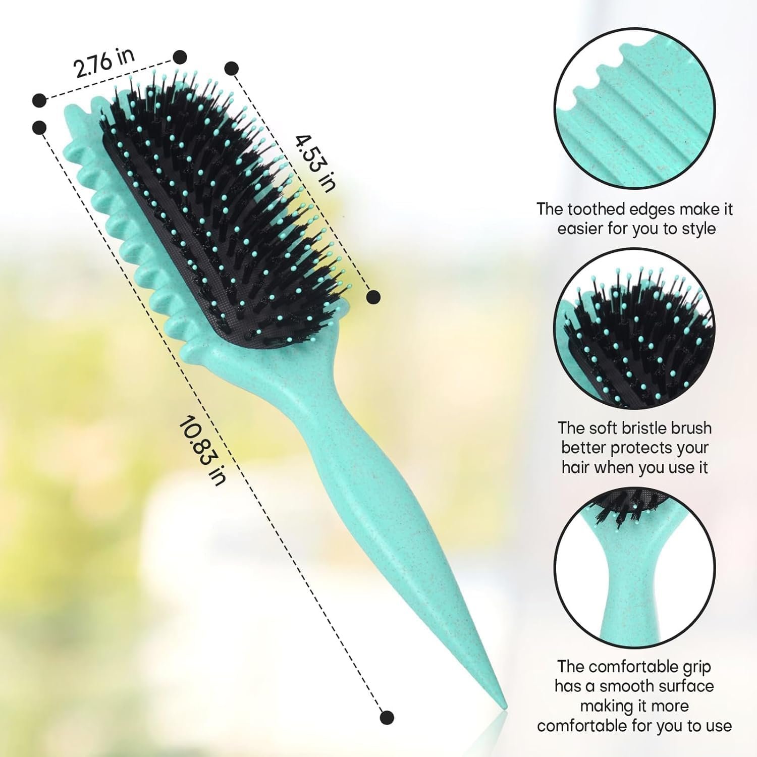 Curl defining brush dimensions with toothed edges and soft bristles
