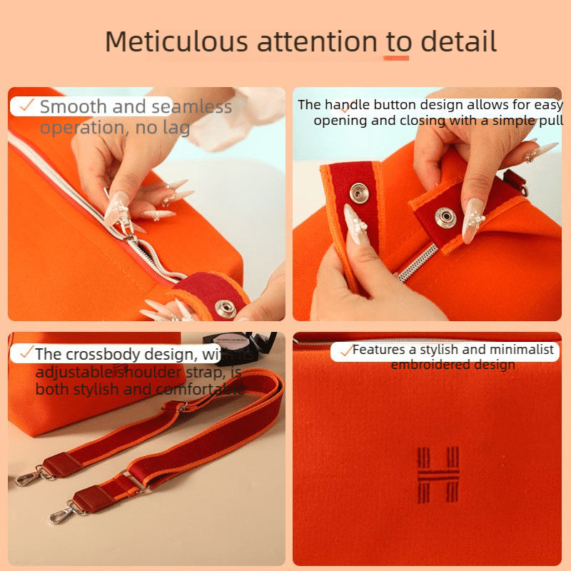 Orange crossbody makeup bag handle button and strap details