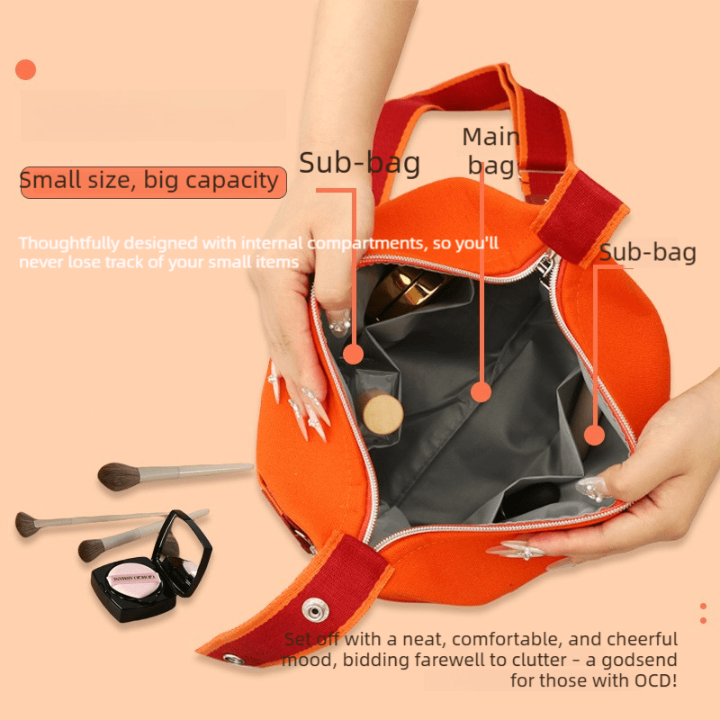 Inside of orange toiletry bag showing inner sub-pockets